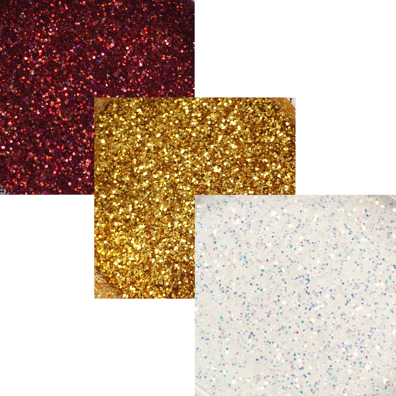 Techno Glitter 3pk en Hollywood Red, Soft Gold y White Gold Iridescent