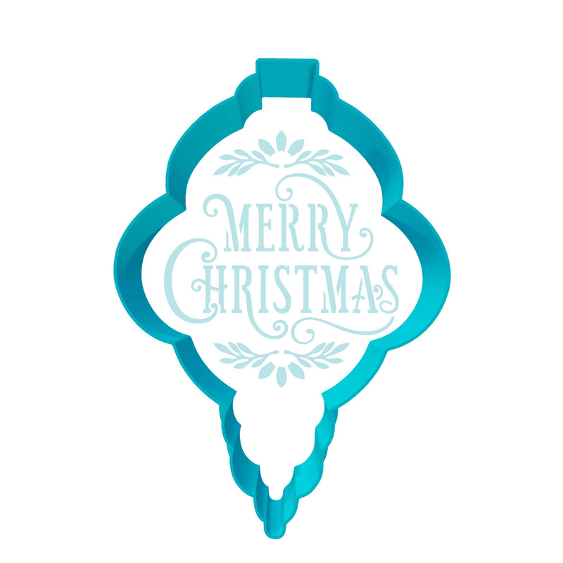 Christmas Cutter and Stencil Set Merry Christmas Ornament 5in Tall x 3.5in Wide - Art Is In Cakes, Bakery SupplyStencil