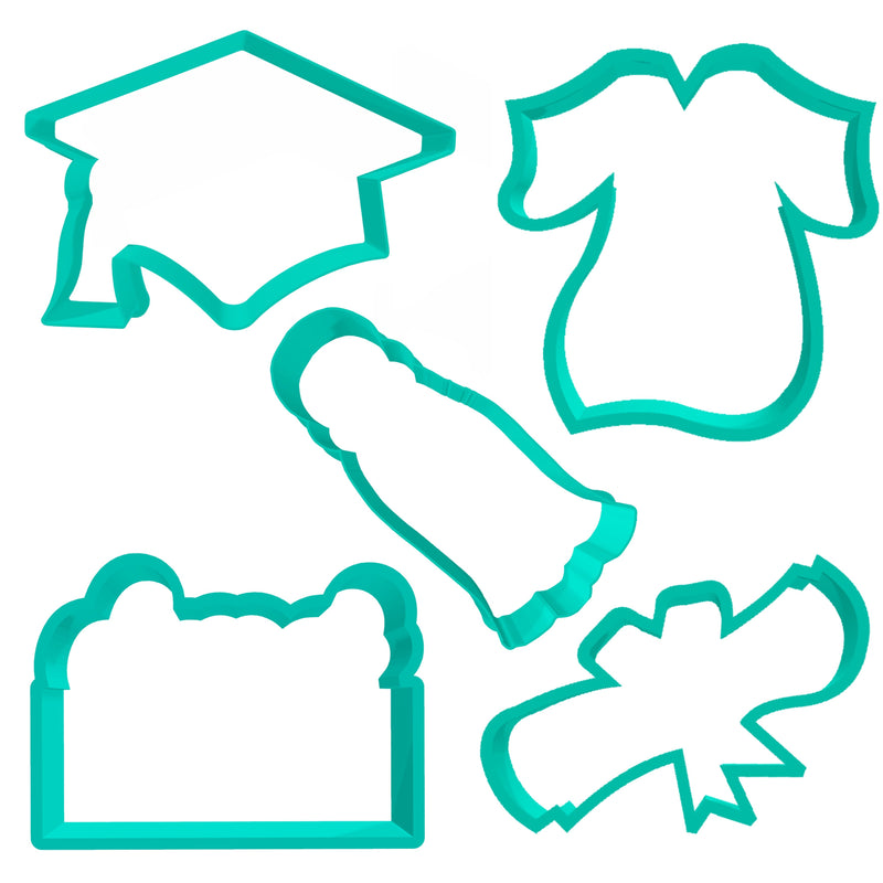 Cookie Cutter Graduation Set - 5 pieces - Fun and Flowy CCS20231- Grad Cap, Gown or Robe, Diploma, Tassel, Class Of 202? Plaque - Art Is In Cakes, Bakery SupplyCookie Cutter 3D2in Itsy Bitsy