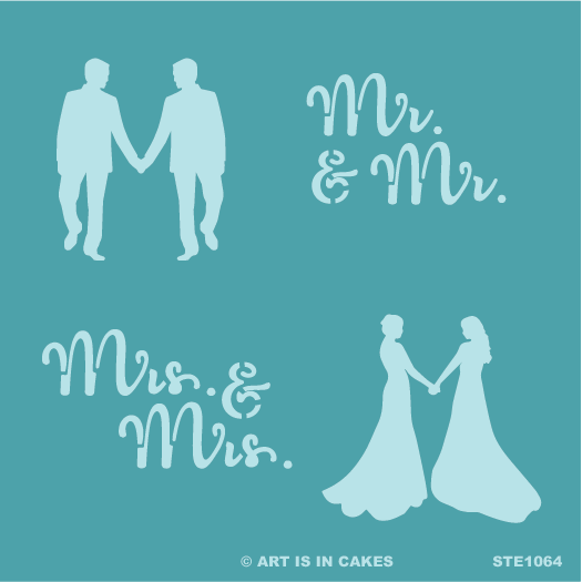 Stencil Marriage Multi: Mr. & Mr. + groom silhouette and Mrs. & Mrs. + bride silhouette 5.5 x 5.5 Inches - Art Is In Cakes, Bakery & SupplyStencilDefault Title