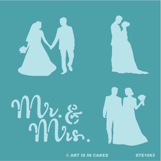 Stencil Marriage Multi: Mr. & Mrs. and bride & groom silhouettes 5.5 x 5.5 Inches - Art Is In Cakes, Bakery & SupplyStencilDefault Title