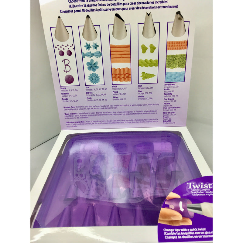 Inside lid of Wilton® Deluxe Decorating 46 Piece Set box displaying various piping tips